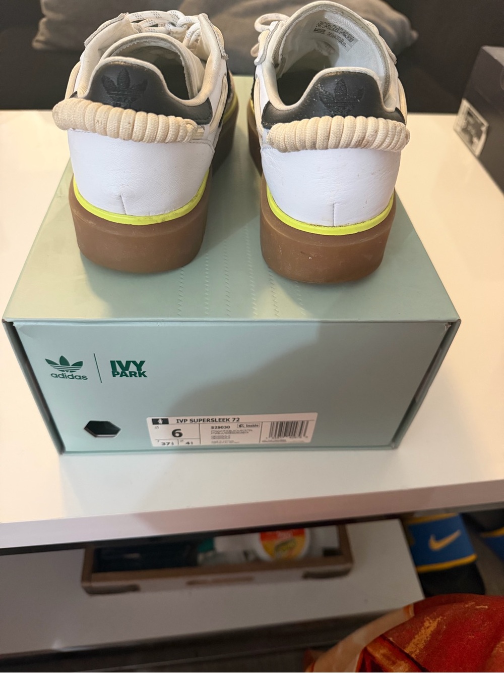 adidas Ivy Park White Sneakers with Black Heel and Neon Yellow Trim